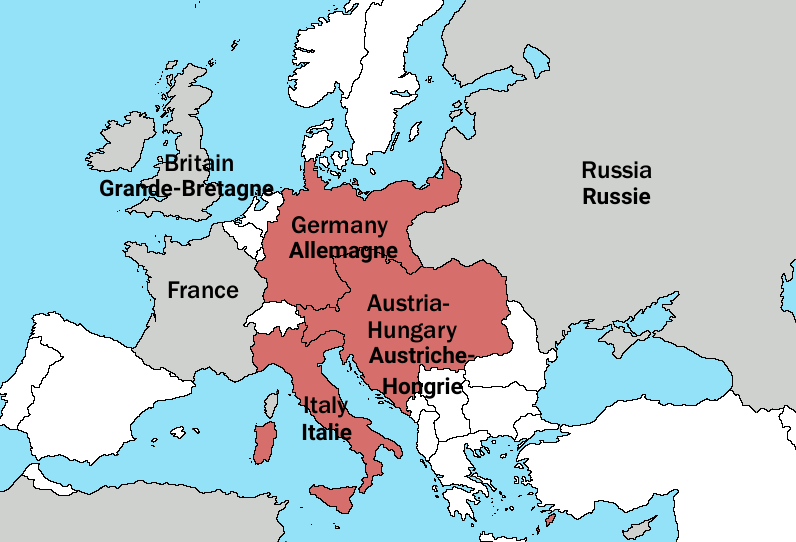 Carte avec des codes de couleur indiquant les deux grandes alliances européennes en 1914 : la Triple-Alliance en rose (Allemagne, Autriche-Hongrie et Italie) et la Triple-Entente en gris (Grande-Bretagne, France et Empire russe)